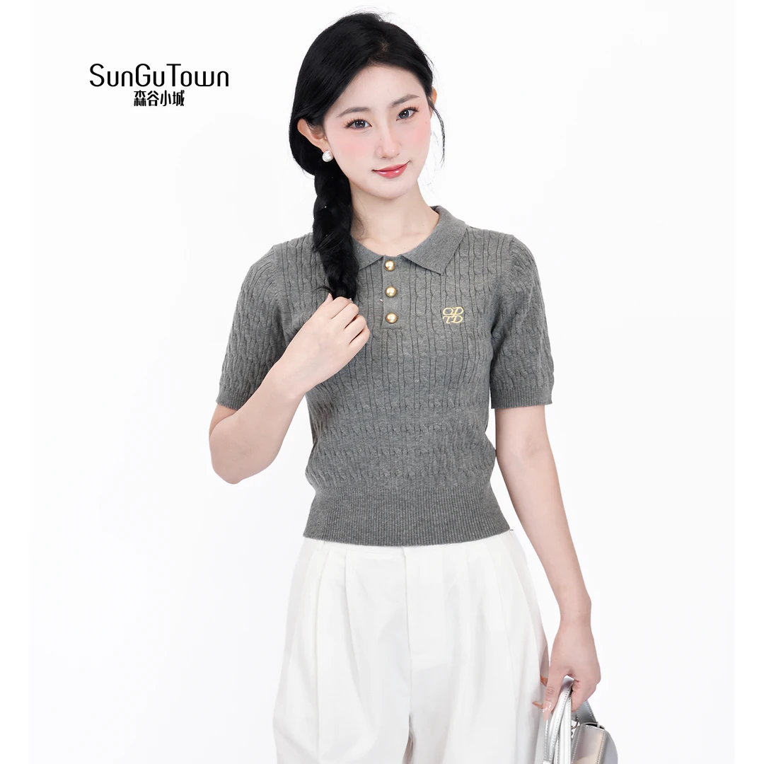 森谷小城百搭休闲字母刺绣翻领针织衫5BZQ-X08563