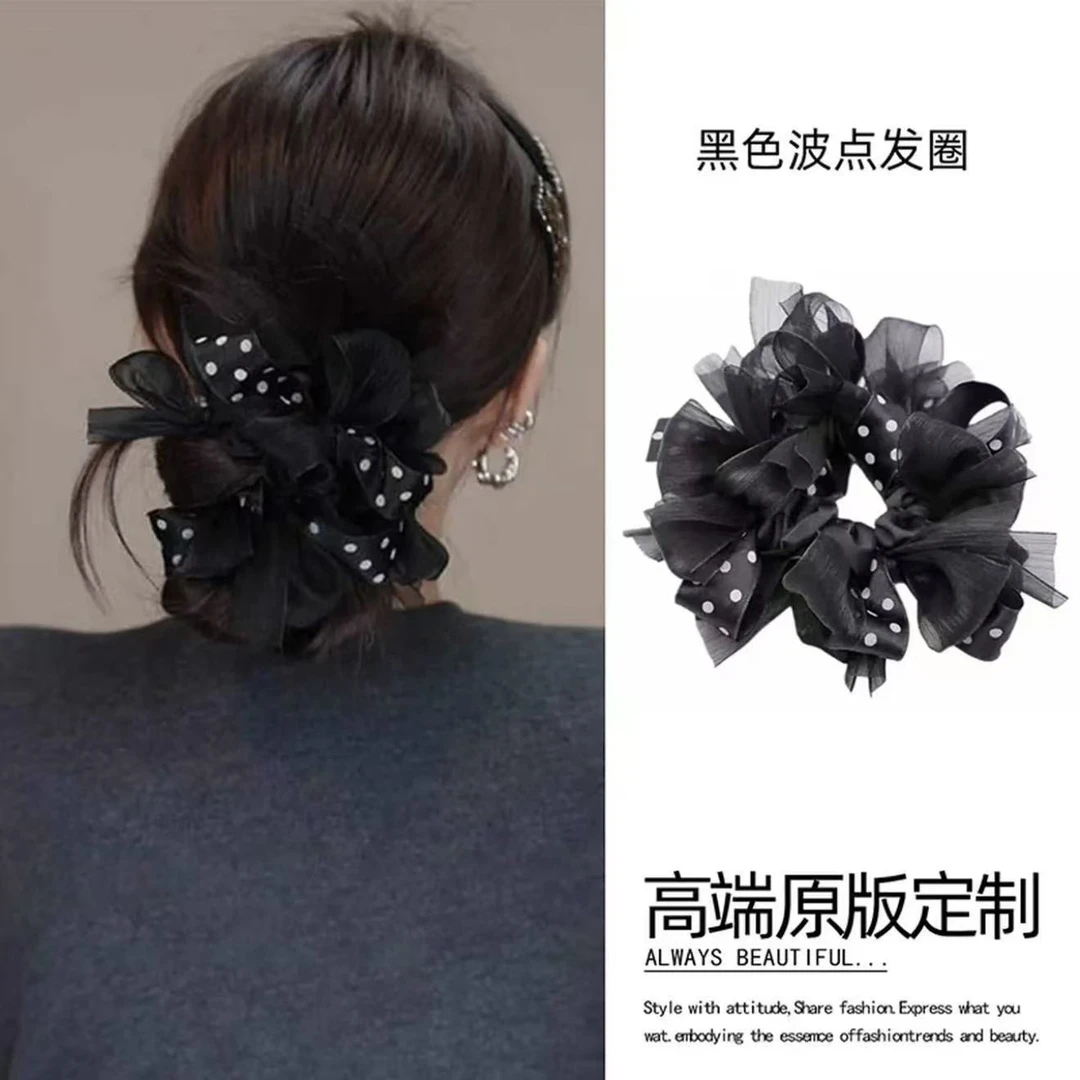 韩式赫本风气质黑色波点蝴蝶结大肠发圈