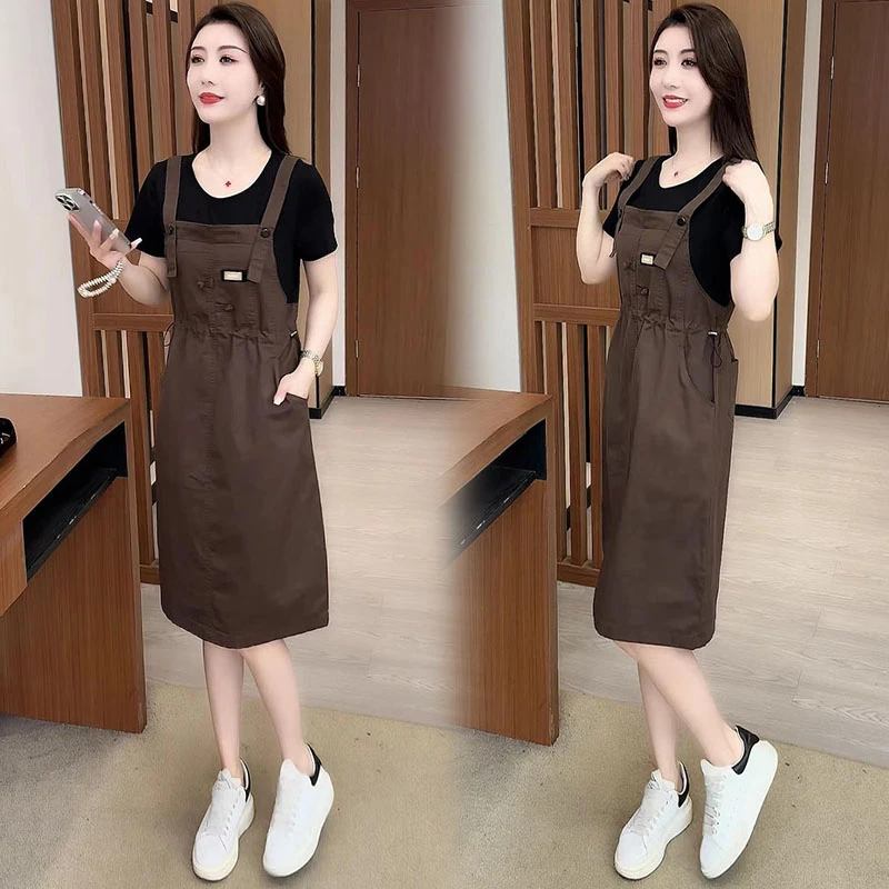 高含棉假两件连衣裙女2026年夏季新款小个子收腰显瘦中长款a字裙