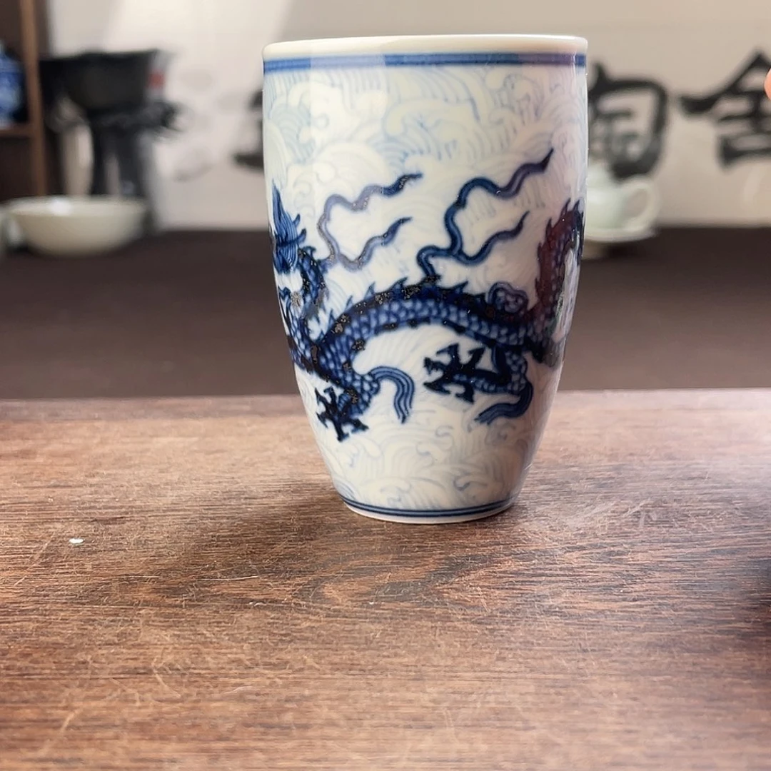 柴窑青花海水龙纹闻香