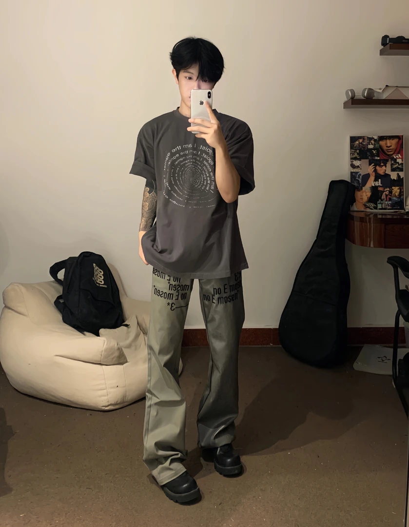 D12#某饱299！数量少！别卡库存！标语刺绣皮裤拼接微喇堆叠长裤