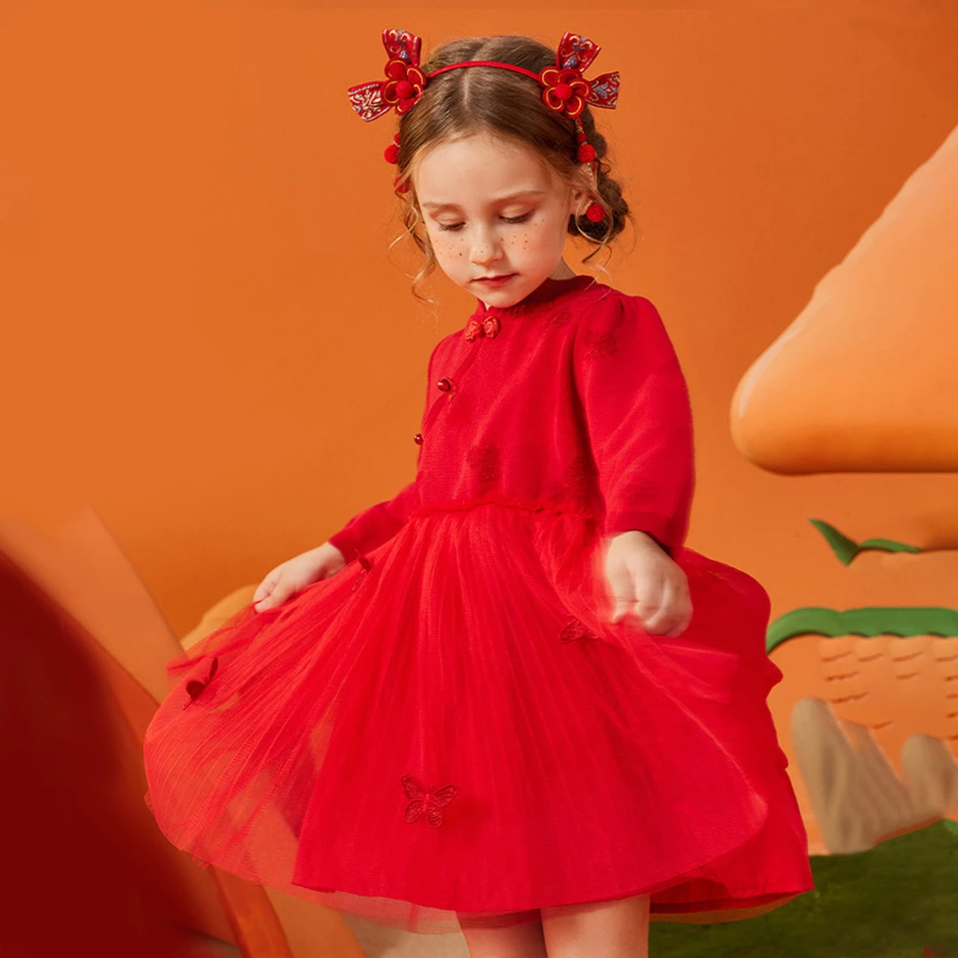 ASK JUNIOR【新年装】女童裙子2025冬小童毛衣网纱拼接保暖公主裙