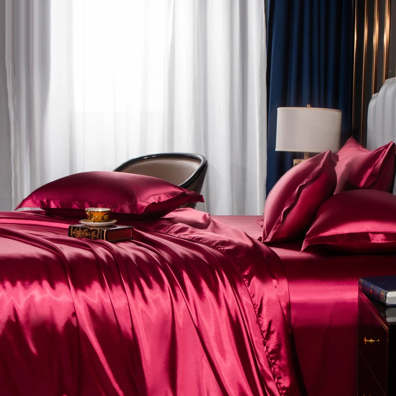 希尔顿酒店水洗真丝四件套红色结婚丝绸丝滑裸睡床单被套冰丝