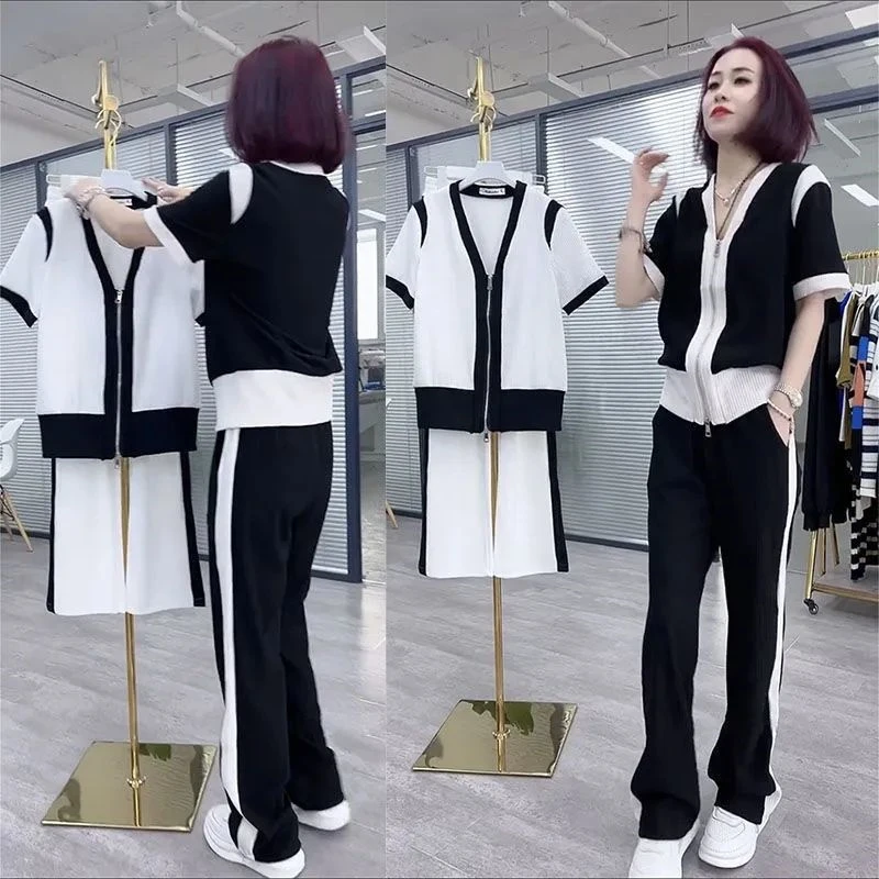 网红减龄套装女夏御姐时髦短袖上衣宽松显瘦阔腿裤子小洋装两件套