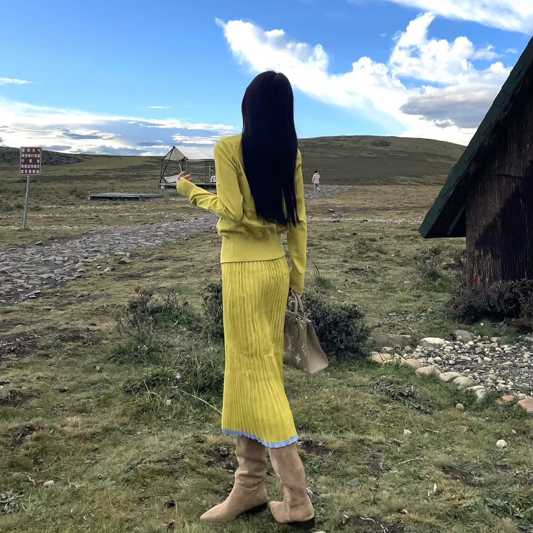 黄色针织开衫长袖毛衣上衣外套高腰半身裙两件套装显瘦气质时尚