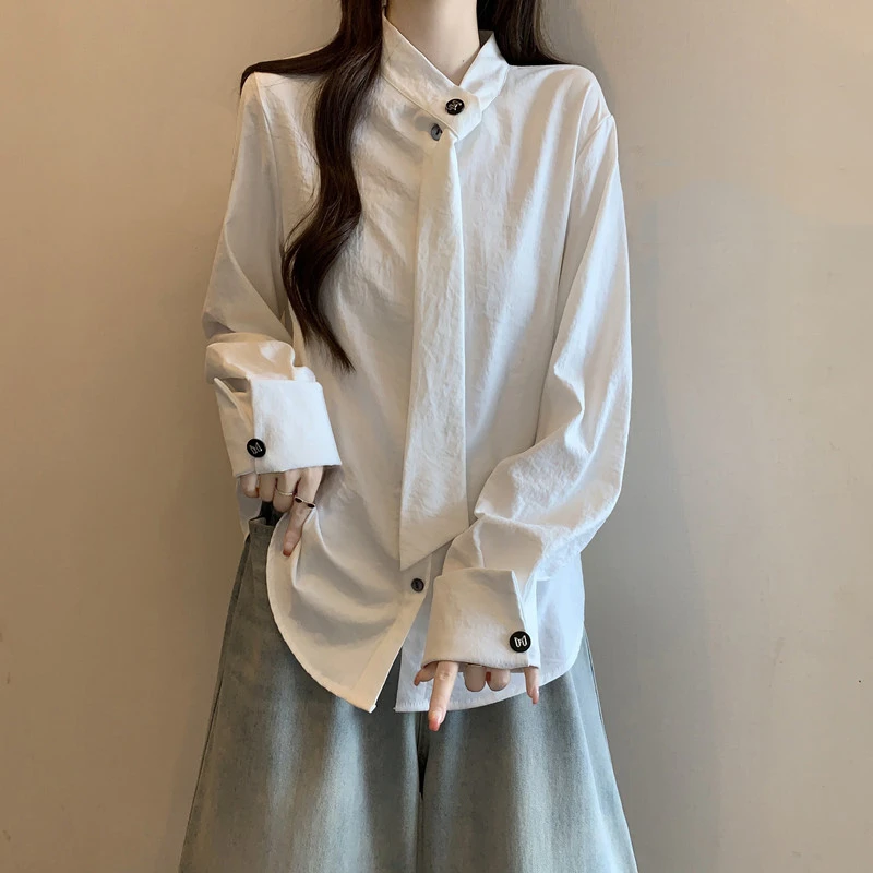 法式飘带白色正肩显瘦长袖衬衫女2025秋季新款大码胖mm中长款上衣