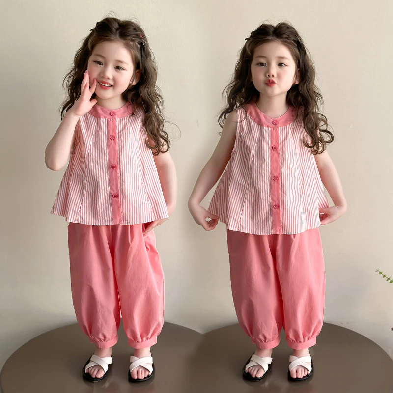 女童休闲套装2025新款儿童夏装韩版洋气女宝宝夏季时髦条纹两件套