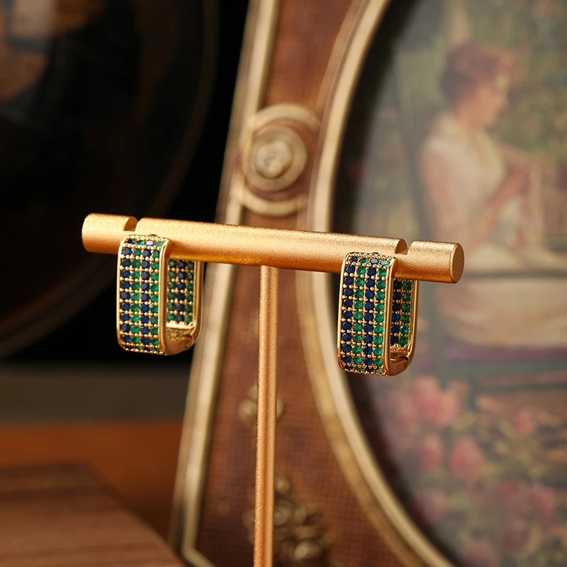 合金锆石耳饰 高级轻奢设计百搭方形几何满钻微镶耳扣小众简约