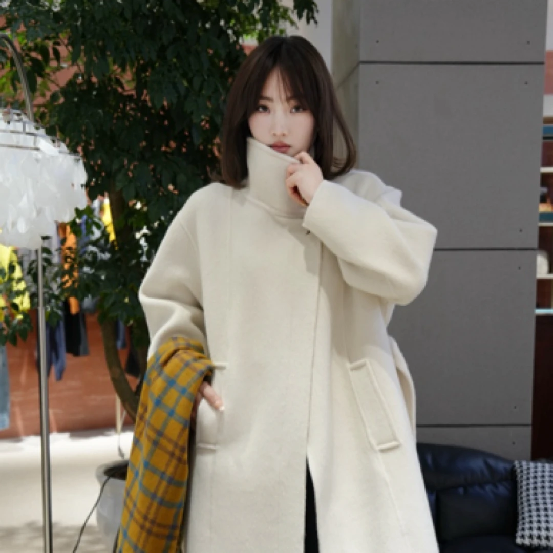 XSCW |2024新款立领高领设计感双面大衣女毛呢外套宽松系带长款