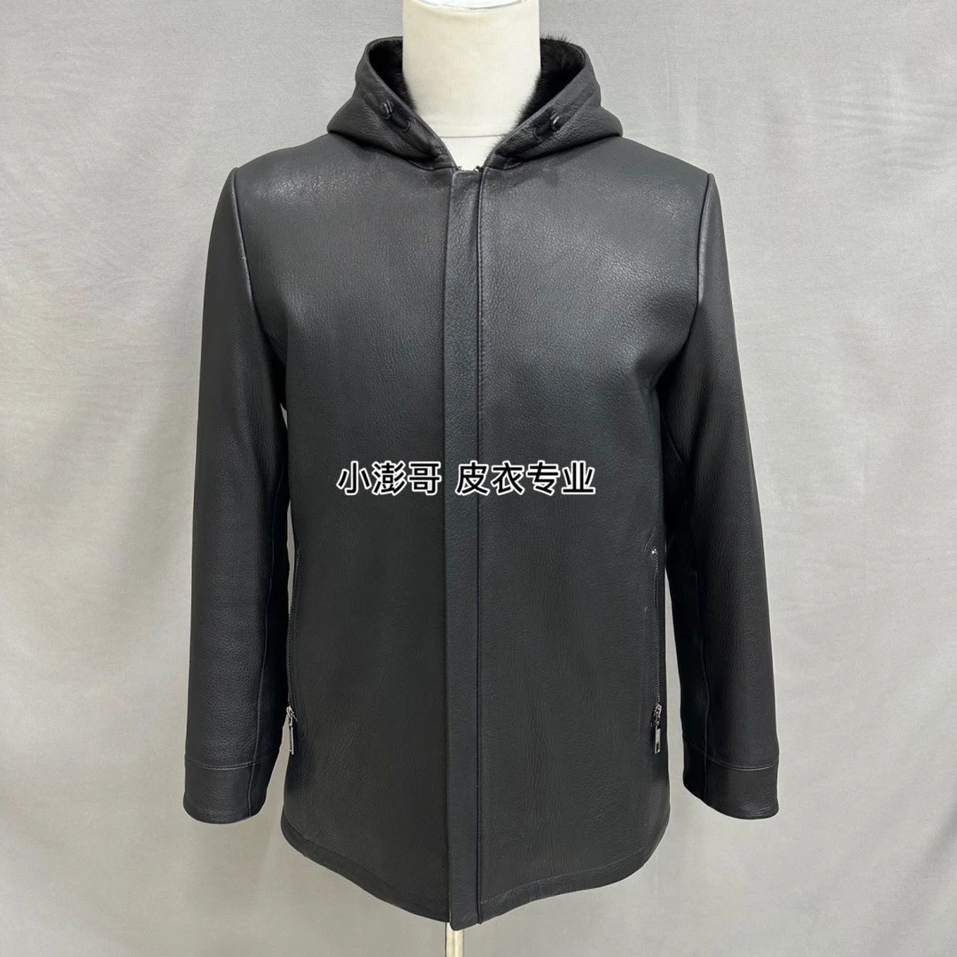 冬季头层山羊皮整板水貂皮内胆连帽中长休闲皮衣大衣外套后背整皮
