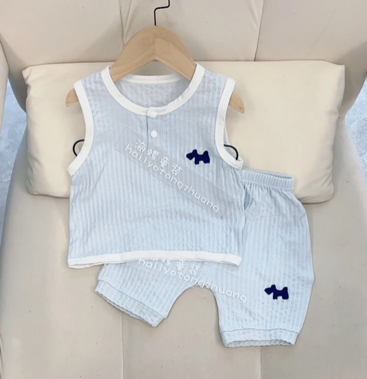 新款夏季纯棉提花宽肩套装无骨纯棉提花两件套婴幼夏装儿童童装