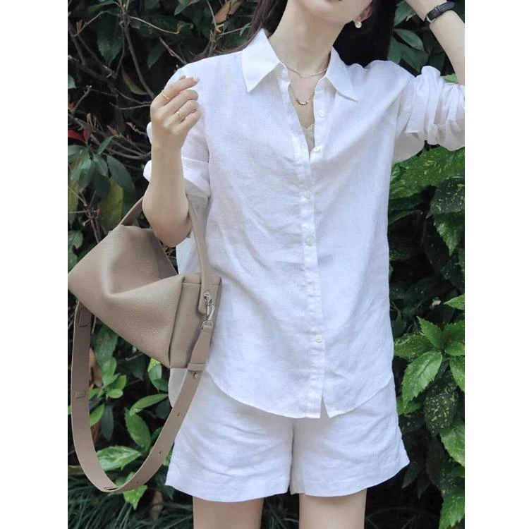 时尚高端衬衣套装女夏季宽松薄款白色防晒衬衫休闲阔腿短裤两件套