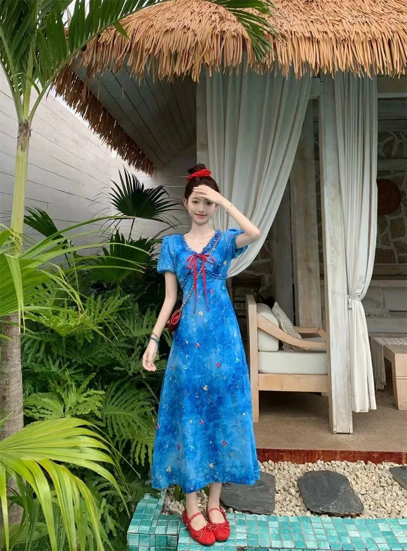 85022 法式茶歇蝴蝶结木耳边扎染碎花连衣裙（裙长118）