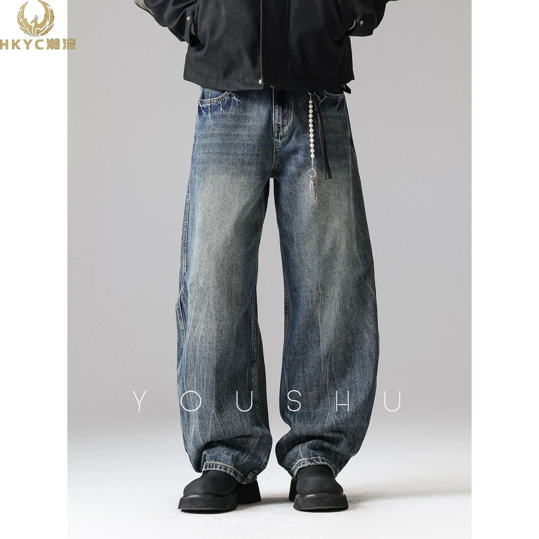 HKYC水洗拉链秋冬美式男款微喇牛仔裤修身裤大码宽松美式2025