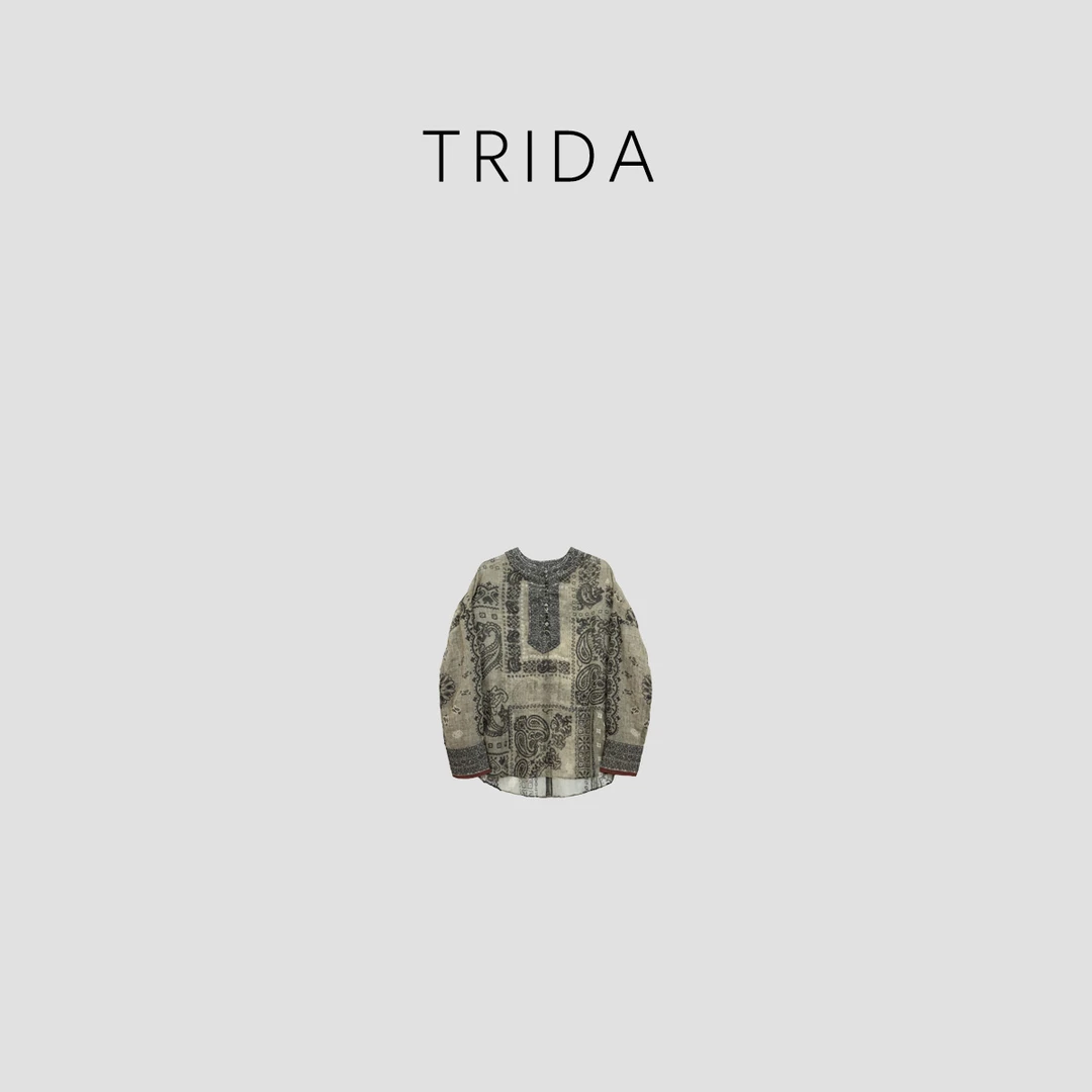 【Trida】精选优质天丝亚麻混纺花色长袖半开襟多扣上衣5657LJ