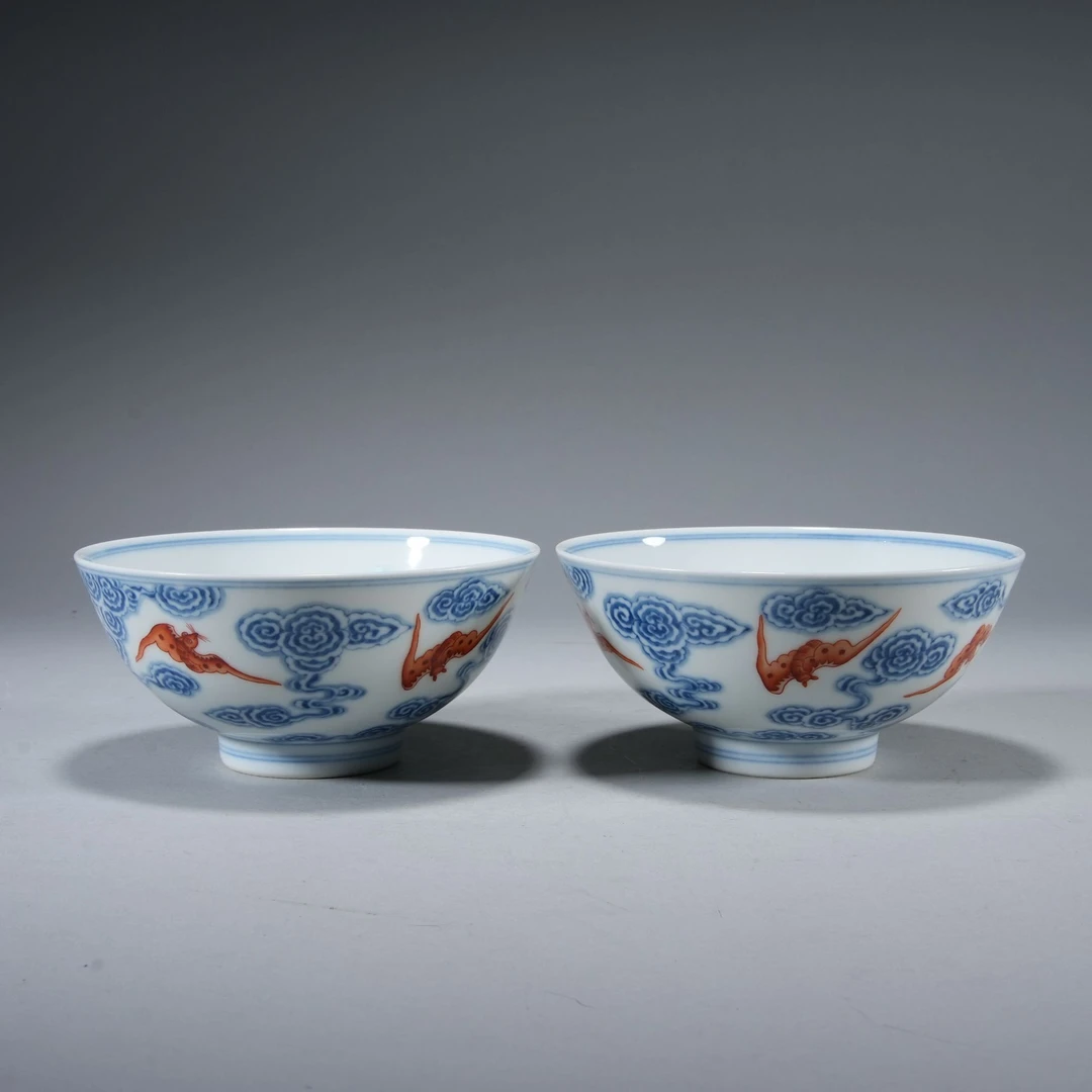 h182/青花矾红洪福纹茶园一对（官窑）【华豫之门甄选】