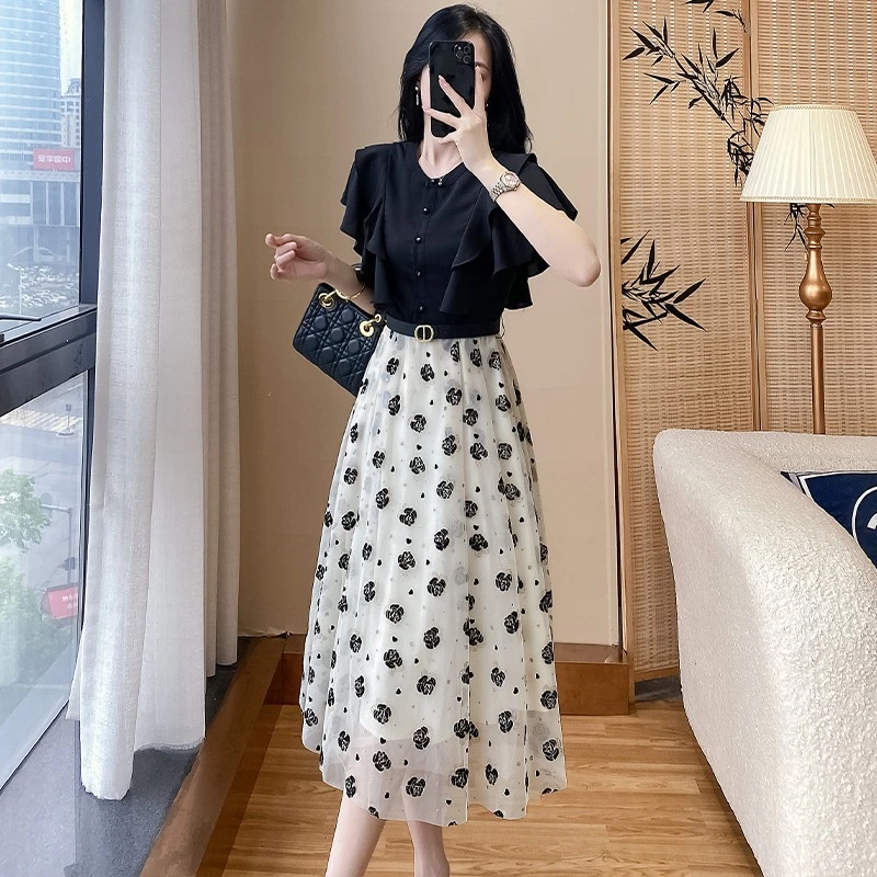 官图2025夏季新款高级感网纱连衣裙女假两件收腰显瘦长款字裙