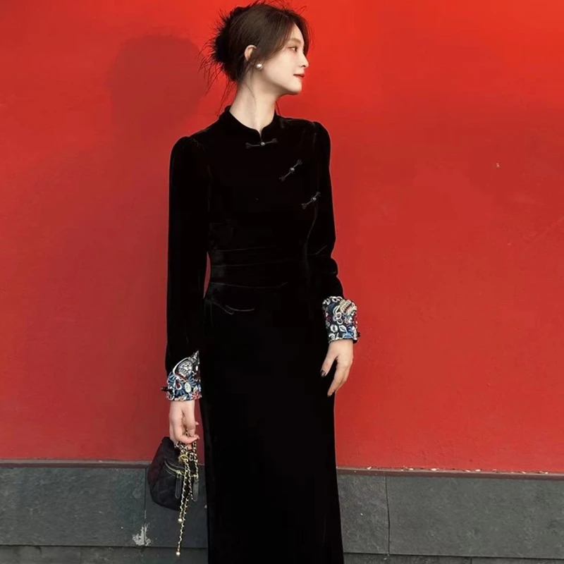 新中式国风长款连衣裙女2025春季新款高级感修身显瘦长裙D0193