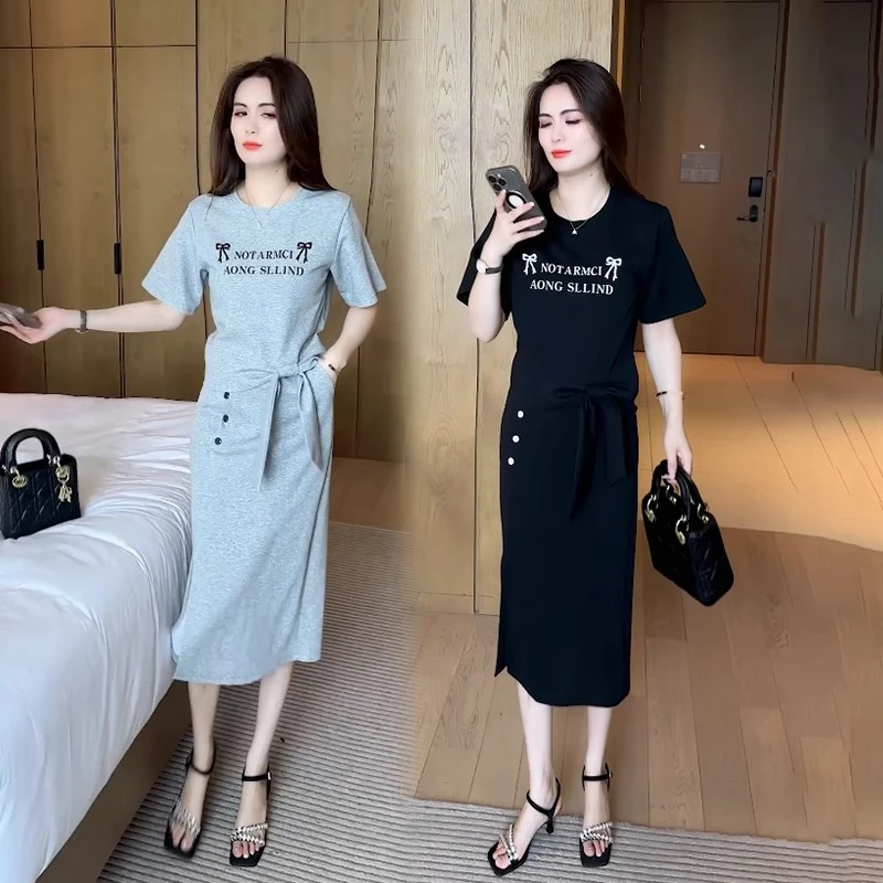 时尚休闲裙套装夏季新款简约蝴蝶结短袖开叉半身裙减龄两件套