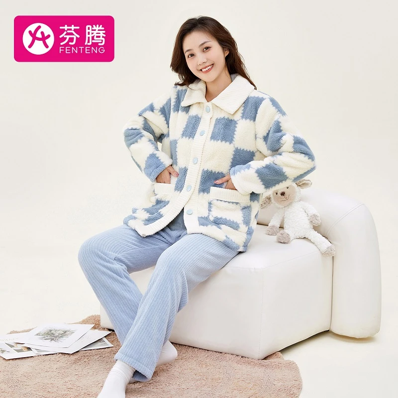 芬腾双面长毛绒秋冬保暖女睡衣简约格子家居服套装FJ2490634