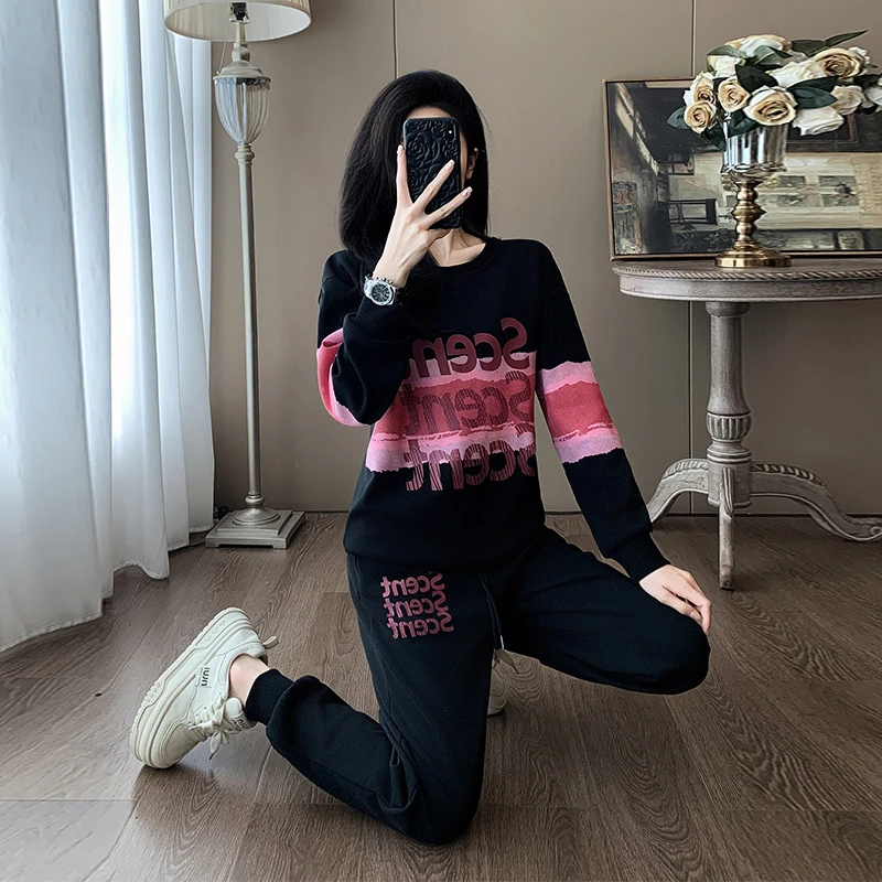 欧货字母卫衣休闲运动套装女秋季印花圆领束脚卫裤户外晨跑两件套
