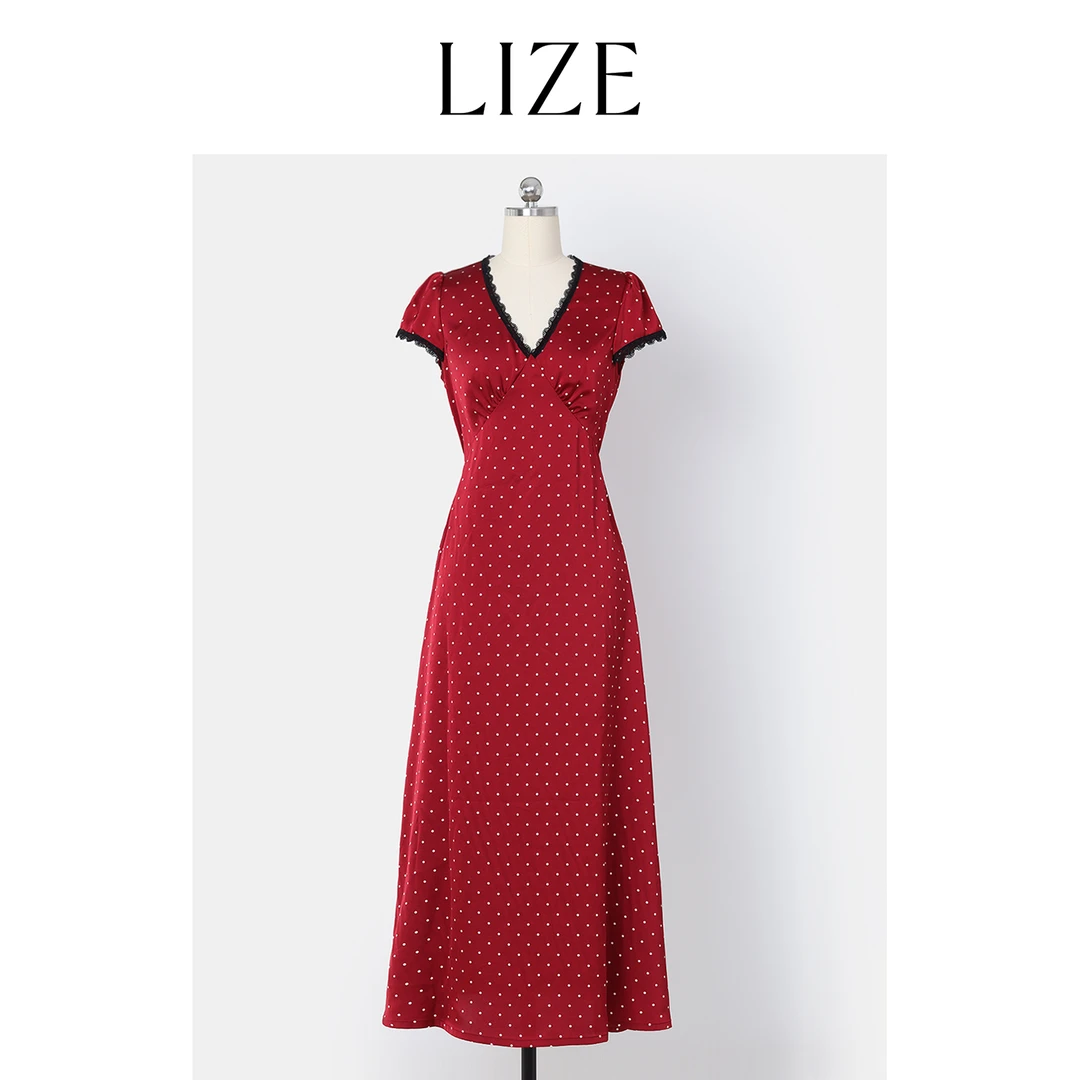 LIZE「贝蒂日记」仙逸垂感.蕾丝钩花.波点印花连衣裙ZEA0439