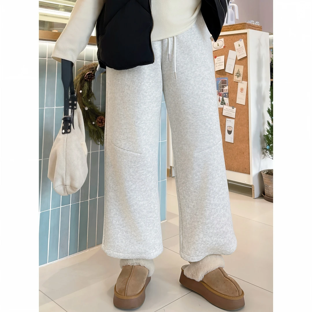 花契“樱奶松饼”大码女装冬季简约200斤胖mm慵懒加绒休闲裤12555-C