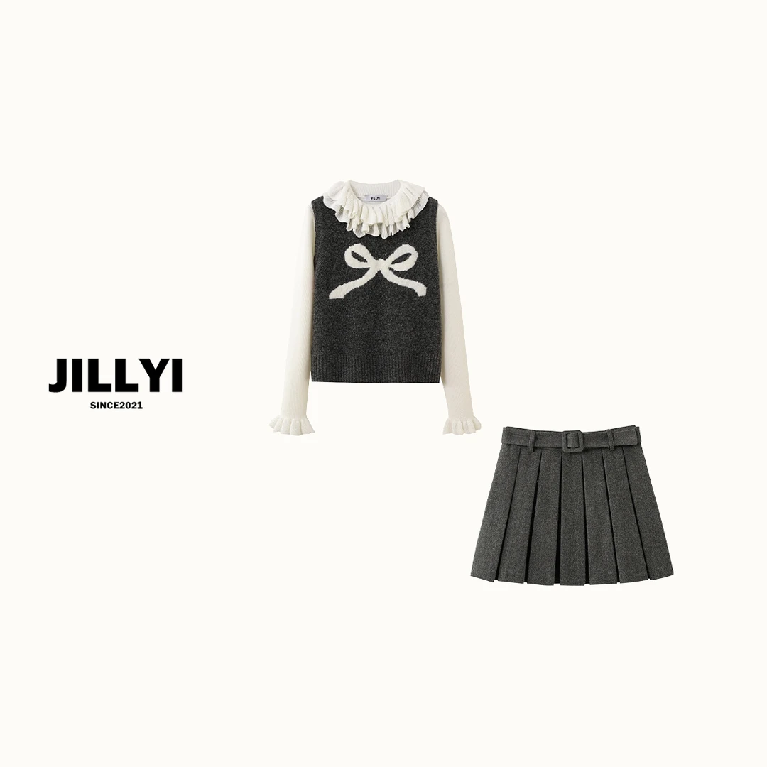 jillyi【复古小调三件套】灰色蝴蝶结背心+白色针织衫+灰色半裙套装