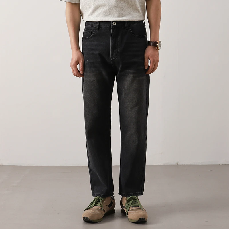 DeweLvum弹力直筒简约百搭牛仔裤男潮通勤商务休闲经典九分裤男装