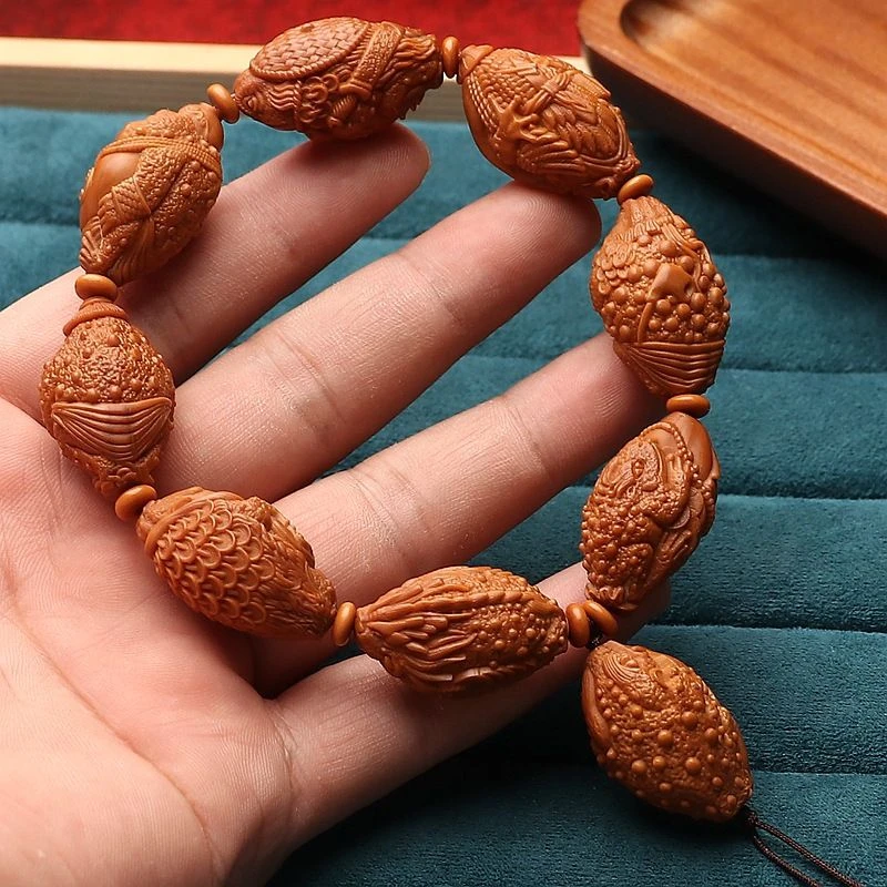 橄榄核整身金蟾手串核雕八宝金蟾橄榄胡文玩招财金蝉手1.75x2.9