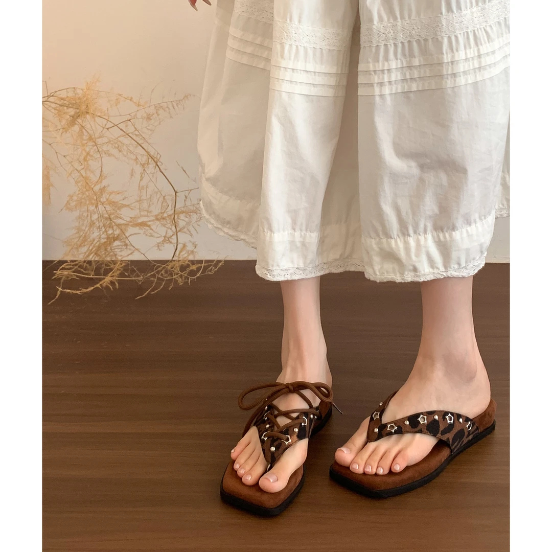 4CM增高~复古豹纹人字拖鞋女夏季外穿厚底夹脚芭蕾系带两穿凉拖鞋