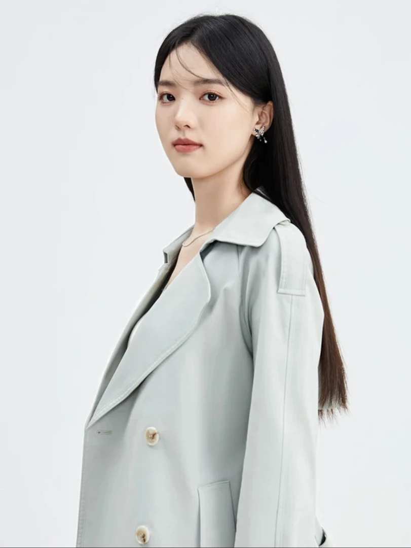 2850小个子蓝色中长款风衣女休闲时髦外套洋气百搭