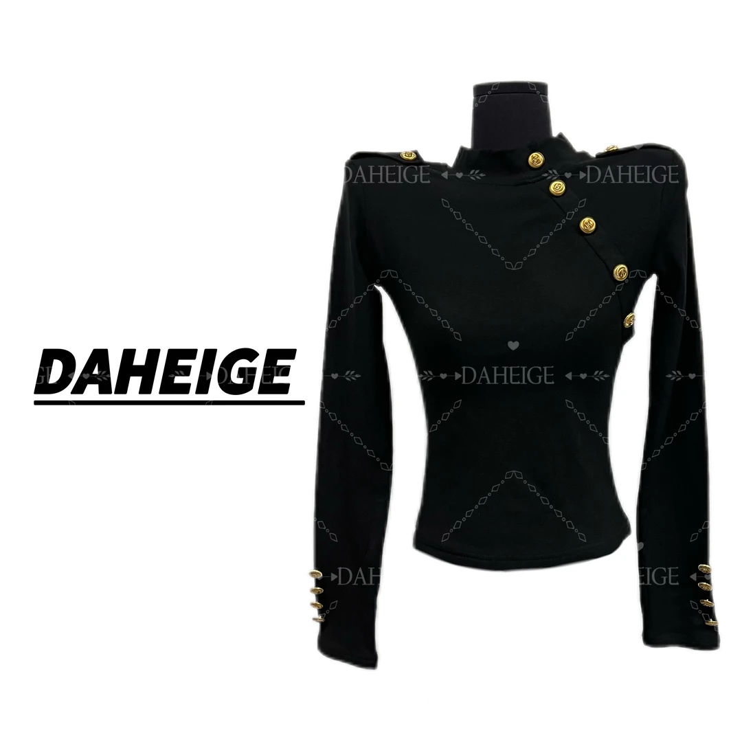 896#法式风排扣设计感修身长袖独特别致加绒显瘦内搭打底衫