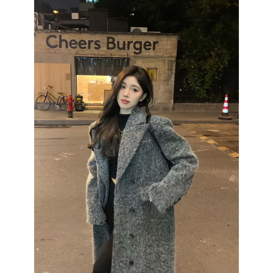 VOCKOO官方深冬灰色呢子大衣女入冬季2025新款毛呢外套小个子独特