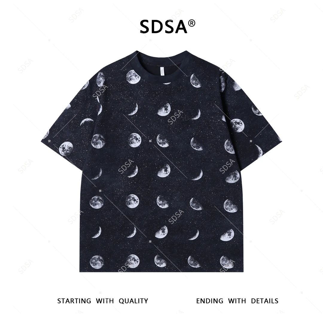 SDSA夏季新款男士痞帅简约撞色月亮印花短袖T恤满天星圆领上衣潮