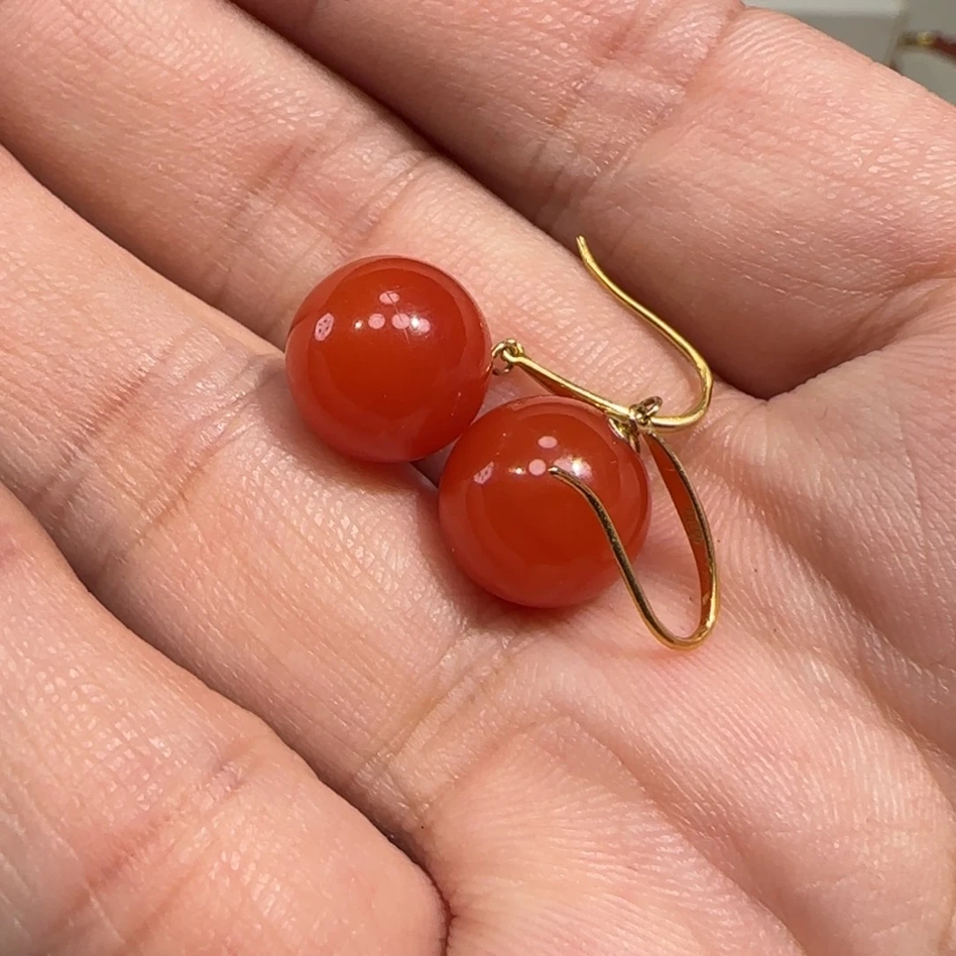 南红玛瑙18K金镶嵌耳饰