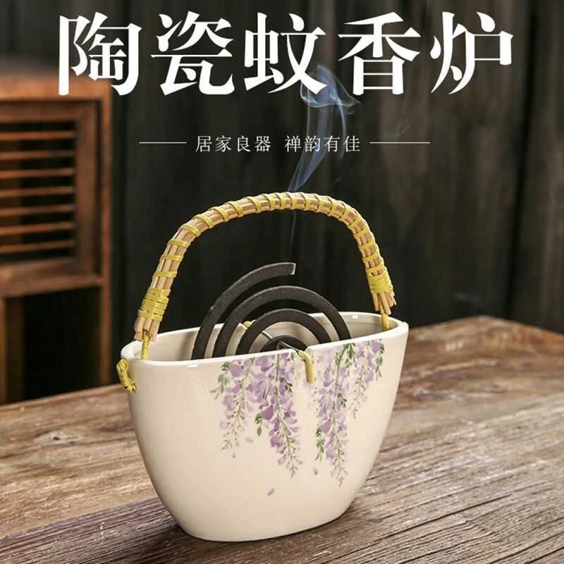 中式手提式蚊香炉蚊香接灰盘家用创意蚊香架子陶瓷古风托盘香炉