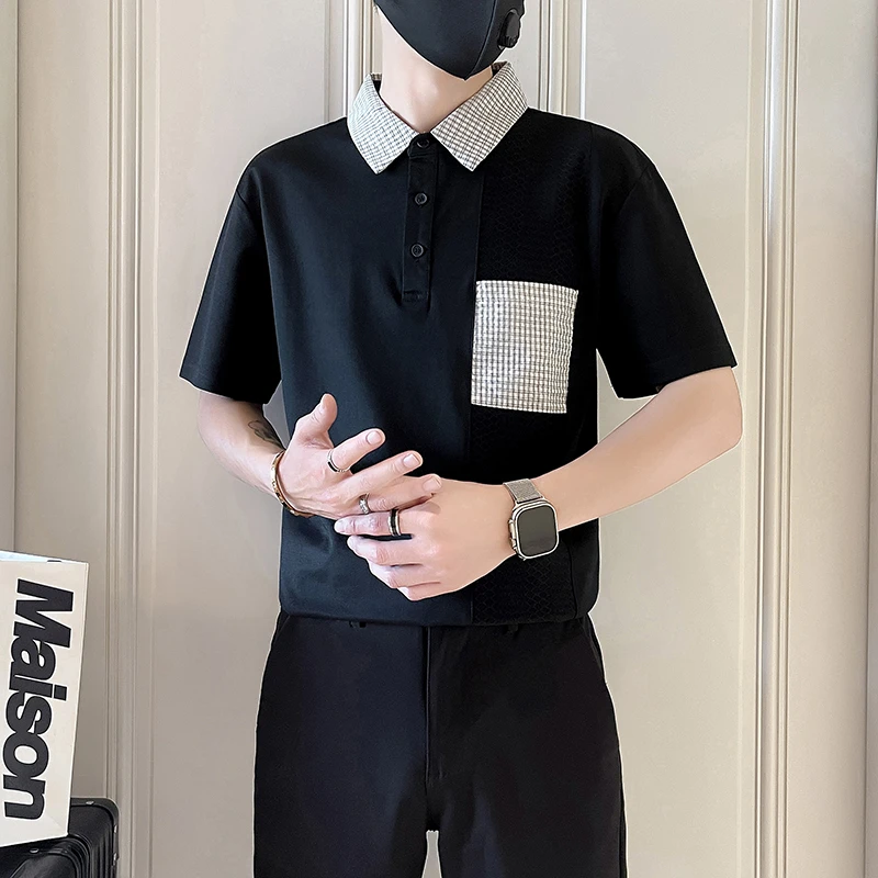 polo衫男士短袖2025新款夏季撞色格子半袖潮牌衣服高级感男装t恤