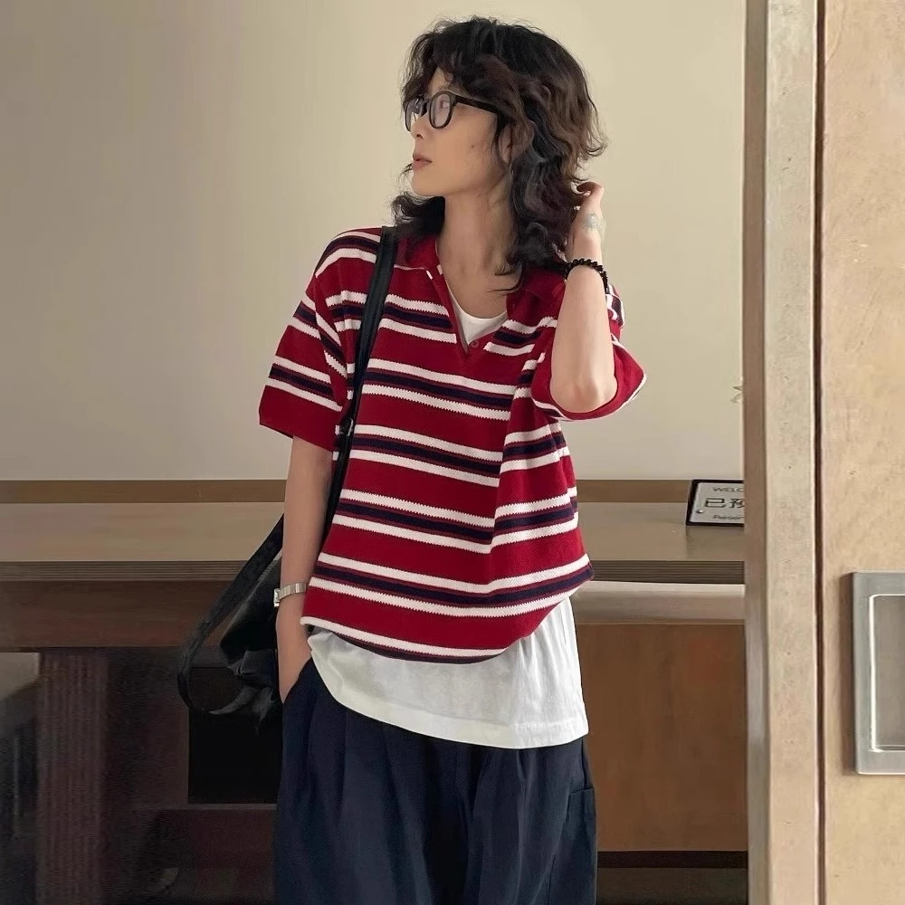 美式复古条纹Polo领针织短袖t恤女夏设计感小众宽松百搭半袖上衣