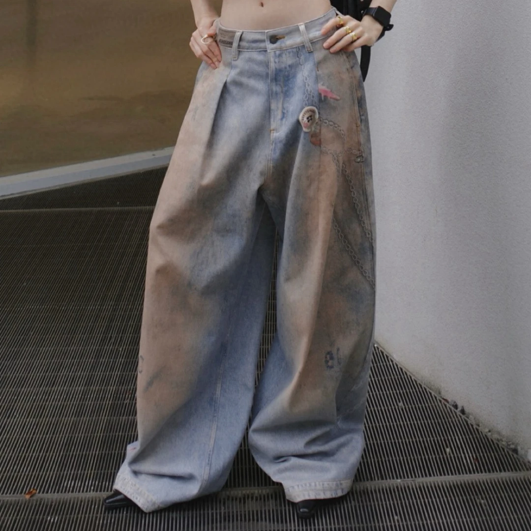 扎染印花水洗baggy牛仔长裤 Vintage松弛摩登质感  Senseaweek