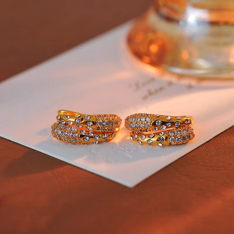 铜合金合成锆石耳饰 b236---双排c圈轻奢小众设计重工气质耳环