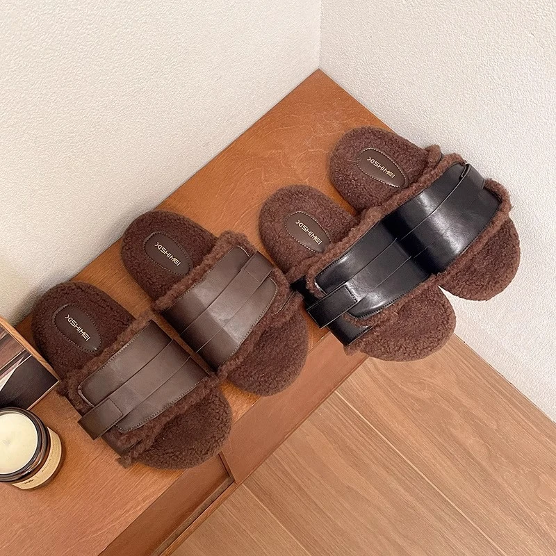 2025秋冬小众复古皮面百搭韩版高级感加绒保暖外穿棉鞋毛毛拖鞋女