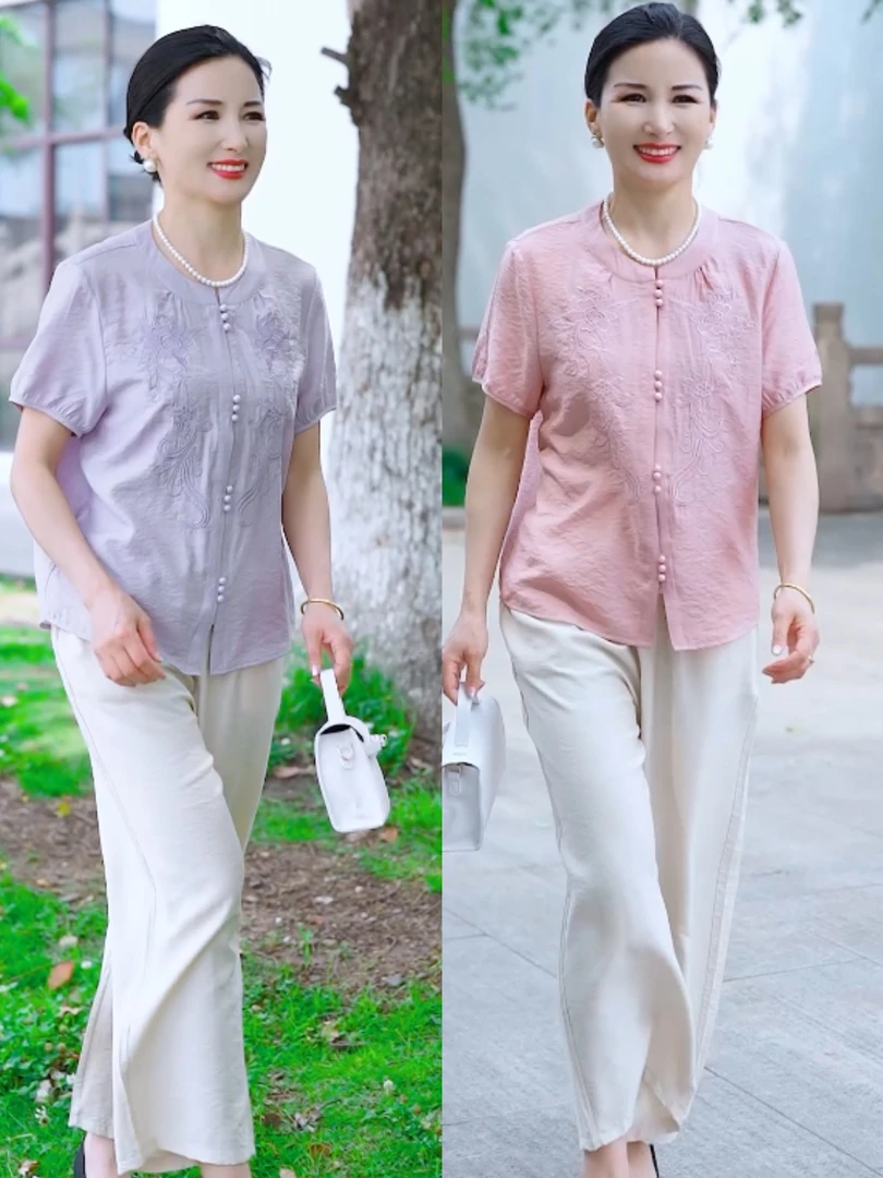 夏季新款中老年妈妈装新中式国风短袖洋气时尚衬衫