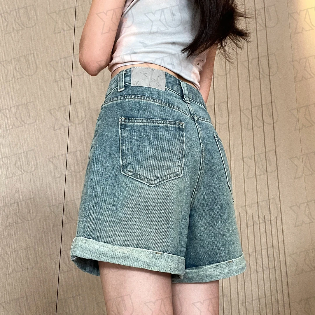 7521 Q送腰带卷边高腰牛仔短裤女2025新款夏季复古百搭显瘦a字裤