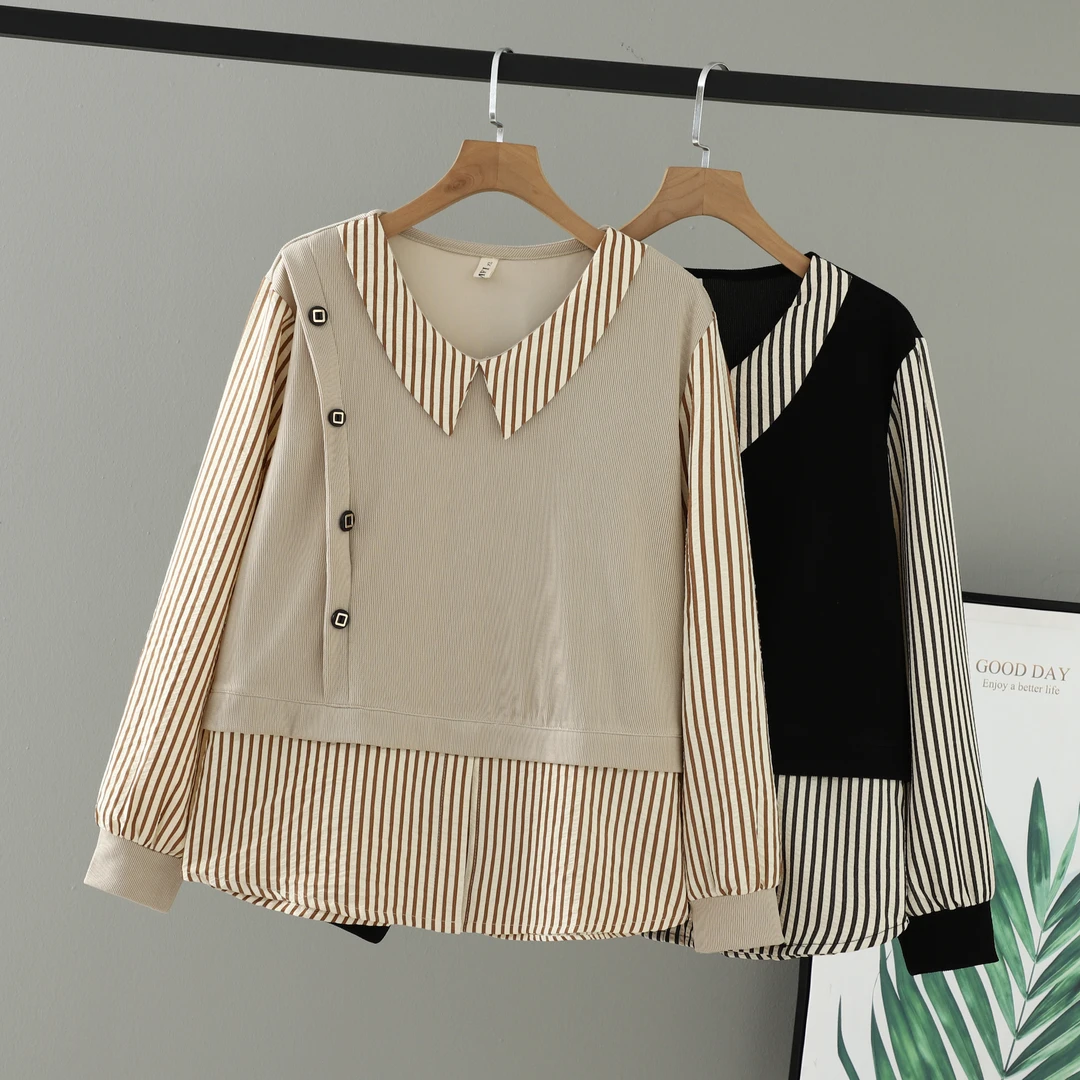 2025秋装女装胖mm韩系假两件上衣长袖条纹拼接洋气大码翻领女衬衫
