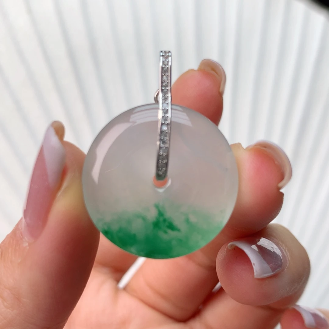 石英质玉冰飘花精品平安扣项链银S925镀金镶嵌