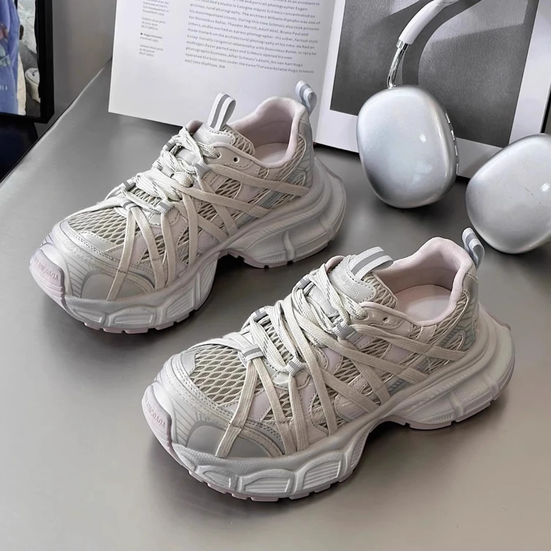 厚底绑带蜘蛛高级老爹鞋女2025年春夏季新款休闲运动透气网面单鞋