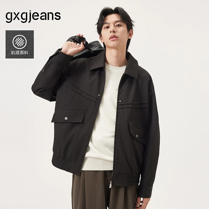 gxg.jeans男装 黑色肌理感分割设计简约翻领宽松夹克外套25秋新品