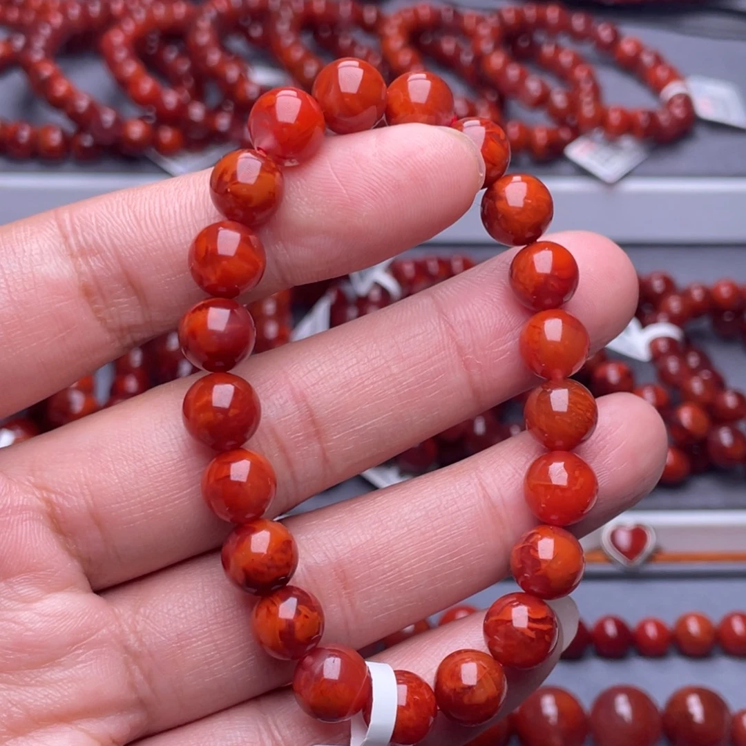 南红玛瑙未镶嵌配珠9.3mm瓦西火焰纹圆珠手串