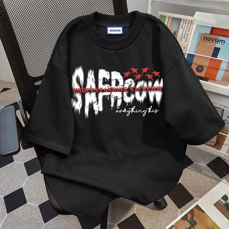 100%纯棉300克重磅高街印花短袖T恤夏新款美式潮体恤宽松显瘦半袖